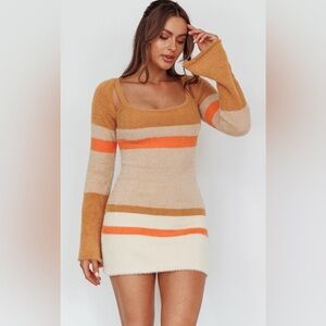 One and Only Collective Fuzzy Knit stripe color block sweater dress brown S/XS